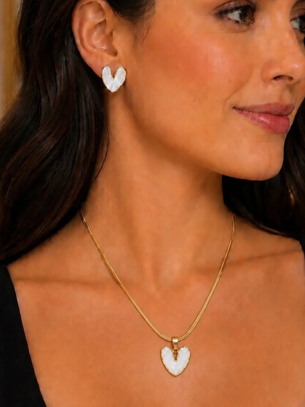 Gold and Light Pink Enamel Heart Jewelry Set
